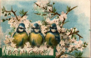 Birthday Greetings Bluebirds Silk Postcard - Picture 1 of 2