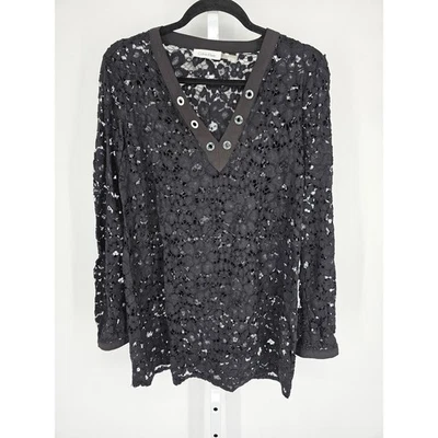 Calvin Klein Womens Sz M Swimsuit Coverup Long Sleeve Black Lace V Neck - Image 1 of 4