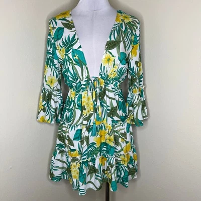 Mini Vestido Blue Island Pequeño Floral Tropical Sumergimiento Hawaiano Manga Campana Resort Foto 1 de 4