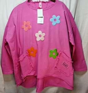 The Moment Women’s Tunic Top OS Fuchsia Pink Floral Appliqué Pockets Italy NWT - Picture 1 of 13