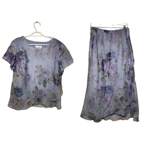 Lady Dorby vintage puple floral sheer lined midi skirt blouse set womens 16W - Picture 1 of 10