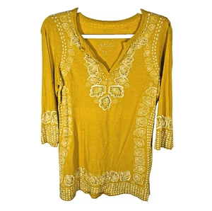 INC - Tunic Top Women's M Yellow White Bohemiam Print Long Sleeve V-Neck - Picture 1 of 15