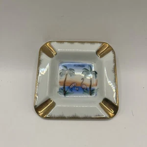 Vintage Florida Souvenir Ashtray Porcelain Palm Trees Flamingos Made in Japan - Picture 1 of 6