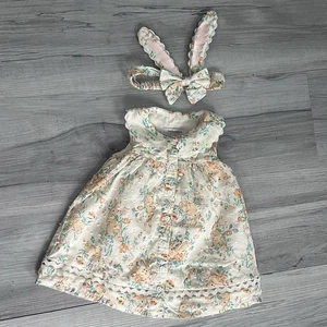 Haute Hippie Bunny Ears & Matching Baby Dress 0-3 Mo Yellow Rabbits Lace Infant - Picture 1 of 13