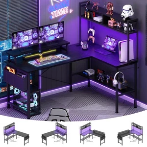 L Shaped Gaming Desk with Power Outlets & LED Lights, Small L- Shaped Desk Co... - Picture 1 of 7