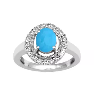 6x4MM Oval Turquoise 925 Sterling Silver Halo Solitaire Accents Wedding Ring - Picture 1 of 8