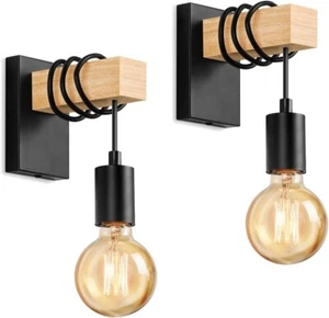 Lightess 2 Pack Wooden Wall Light Vintage Industrial Wall Sconce Light Indoor Ru - Picture 1 of 7