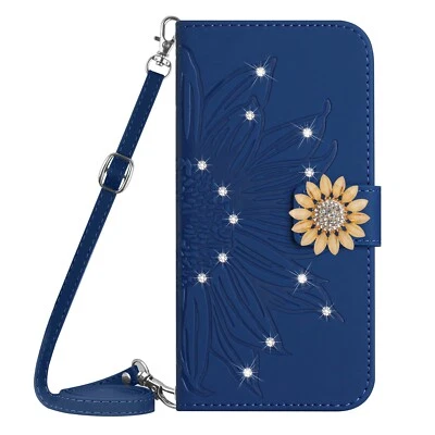 For Various Phone Crossbody Diamond Sunflower Flip Card Wallet Case Cover Holder - Image 1 of 4