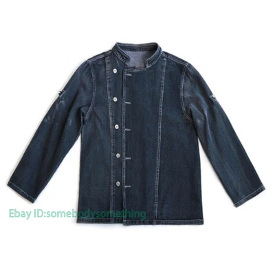 Mens Women Denim Chef Jacket Long Sleeve Cook Coat Kitchen Unisex Uniform 2025 - Image 1 of 4
