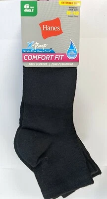1 PACK - HANES 6 PARES CALCETINES TOBILLEROS MUJER NEGROS X-TEMP CONFORT FIT TALLA 8-12  Foto 1 de 2