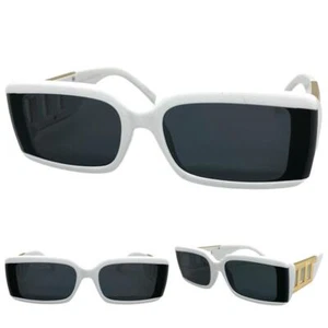 Classy Elegant Modern Retro Style Dark Lens SUNGLASSES Thick White & Gold Frame - Picture 1 of 6
