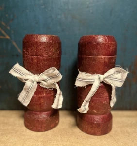 Old Industrial Farmhouse Red Wood Chunky Candle Holder set of 2 Grubby Primitive - Picture 1 of 12