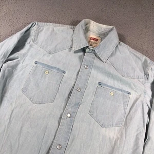 Levis Shirt Adult Medium Blue Denim Pearl Snap Western Rodeo Cowboy Heavy Cotton - Picture 1 of 13