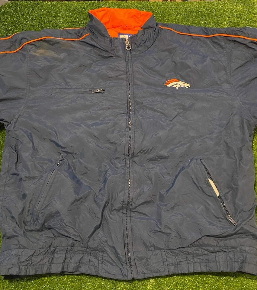 复古 Denver Broncos 夹克特大号蓝色羽绒全拉链连帽男式 90 年代 — 第 1/4 张图片