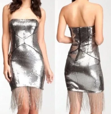 Bebe Uptown Strapless Sequin Fringe Dress Silver Gunmetal Cocktail S NWT $206 - Image 1 of 4