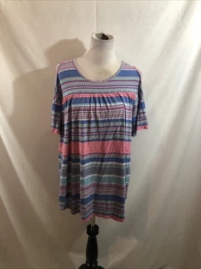 Chelsea Studio Blue & Pink Design Short Sleeve Top, Shoulder Cutouts - Womens 1X - Picture 1 of 5