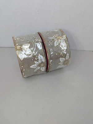 2 At Home Beige Gold Poinsettia Glitter Wire Edged Ribbon 2.5" X 30 ft Spools - Image 1 of 3