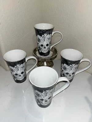 4-NWT 222 Fifth Halloween Marbella Skull 16 0z. Porcelain Latte Mugs Set - Image 1 of 4