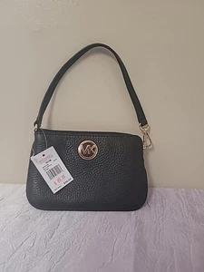 Michael Kors FULTON Medium Top Zip Pebbled Blk Leather Wristlet Wallet w/MK Logo - Picture 1 of 6