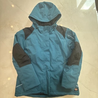 Dickies 女式连帽隔热夹克 XL 蓝绿色黑色拉链冬季外套 — 第 1/4 张图片