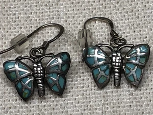 Artisan mark S E Sterling Silver Mariposa Butterfly Turquoise Dangle Earrings - Picture 1 of 5