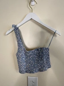 Skylar + Madison Women’s Blue Floral One Shoulder Cropped Tank Top Size M NWT - Picture 1 of 5