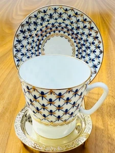 Lomonosov Imperial Porcelain Cobalt Net Blue Demitasse Cup & Saucer Set - Picture 1 of 8