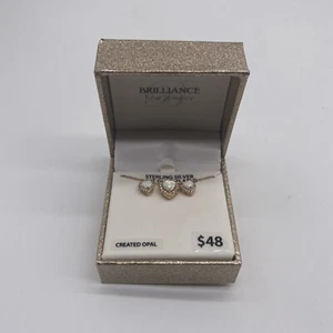 14K Gold Plated Created Opal Heart Necklace And Earrings Set NIB - Picture 1 of 5