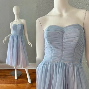 Vintage 50s Light Blue Strapless ORGANZA Chiffon Party Dress S - Picture 1 of 14