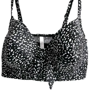 Cacique Lane Bryant Swim Top Bikini Lightly Lined Balconette 44G Black White Dot - Picture 1 of 7