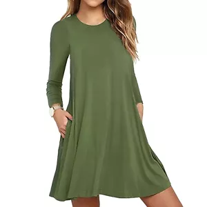 WEACZZY Women's Long Sleeve Casual Loose T-Shirt Dress w/Pockets Army Green - S - Picture 1 of 2