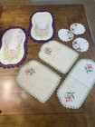 Lot of 8 Vintage Dresser Furniture Scarves, Doilies Napkins Hand Embroidered