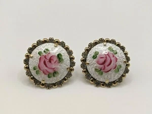 Vintage Guilloche Pink Rose Rhinestones Screwback Earrings - Picture 1 of 4