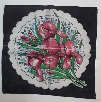 Vintage Linen 11x11 Inch Tulips Napkin Handkerchief Faulty see note - Image 1 of 2
