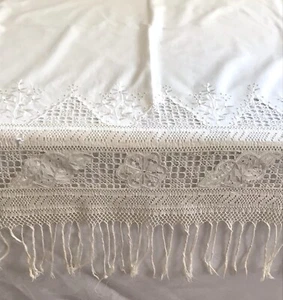 Antik Tischdecke EDEL Tischläufer 198 x 89 Lochmuster fein Stoff Fransen Spitze - Bild 1 von 16