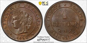 1892 A France 1 Centime Gad 88 PCGS MS64 BN Great Surfaces 4096 - Picture 1 of 5