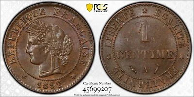 1892 A France 1 Centime Gad 88 PCGS MS64 BN   Great Surfaces               4096 - Image 1 of 4