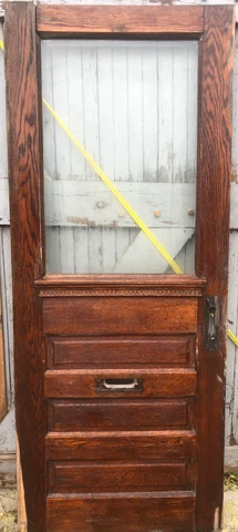 36x89” Heavy Oak Antique 3-Panel Beveled Glass Exterior Door with Dentil Molding Cover