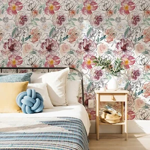 Floral Peel and Stick Wallpaper Pink Watercolor Peony Nursery Wall Paper - Picture 1 of 7