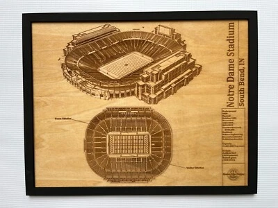 Notre Dame Stadium South Bend, plano grabado en madera Foto 1 de 4