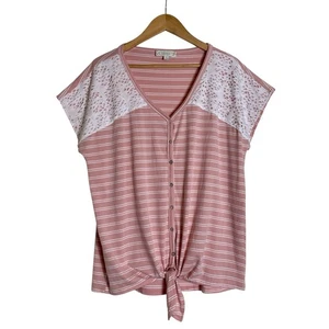 Weekend Suzanne Betro Damen-Top Spitze gestreift Knopfleiste vorne zum Binden Größe XL pink neu ohne Etikett - Bild 1 von 6