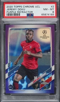2020 Topps Chrome UEFA Purple Refractor Jeremy Doku ROOKIE /250 #2 PSA 8 NM-MT - Imagen 1 de 2
