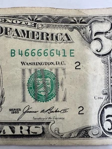 5 of a Kind 5 in a Row $5 Dollar 1985 Bill 666 Fancy Serial Number 46666641 - Picture 1 of 9