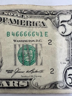 5 of a Kind 5 in a Row $5 Dollar 1985 Bill 666 Fancy Serial Number 46666641 - Image 1 of 4