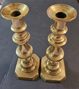 Pair Solid Brass Vintage Candlestick Holders 10 1/2 Inches Tall - Picture 1 of 10