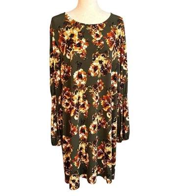 Madison Leigh Woman Size 20W Shift Dress Green Floral Long Sleeve Stretch Fall - Image 1 of 4