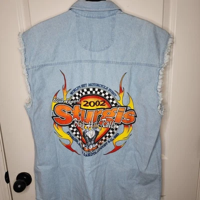 Camisa Sturgis 2002 vintage para hombre mediana azul denim sin mangas motociclista años 2000 Foto 1 de 4