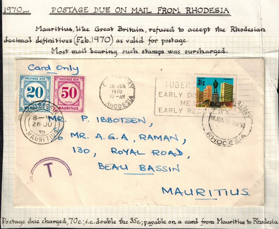 Rhodesia Cover w/Mauritius Postage Due 1970 SG D6 Used GEM CV L30x40 (L1200) - Image 1 of 1