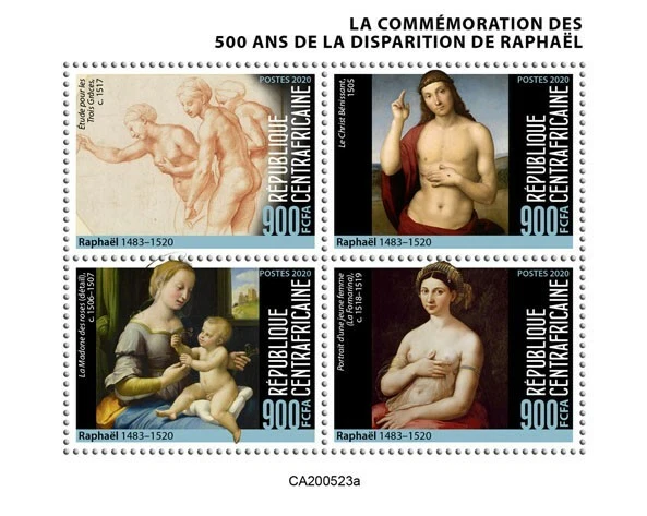 Estampillas artísticas de la República Centroafricana 2020 MNH Raphael desnudos pinturas 4v M/S Foto 1 de 1