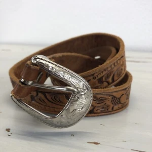 Vintage Western Tooled Leather Belt Silver Buckle Size S - Picture 1 of 9